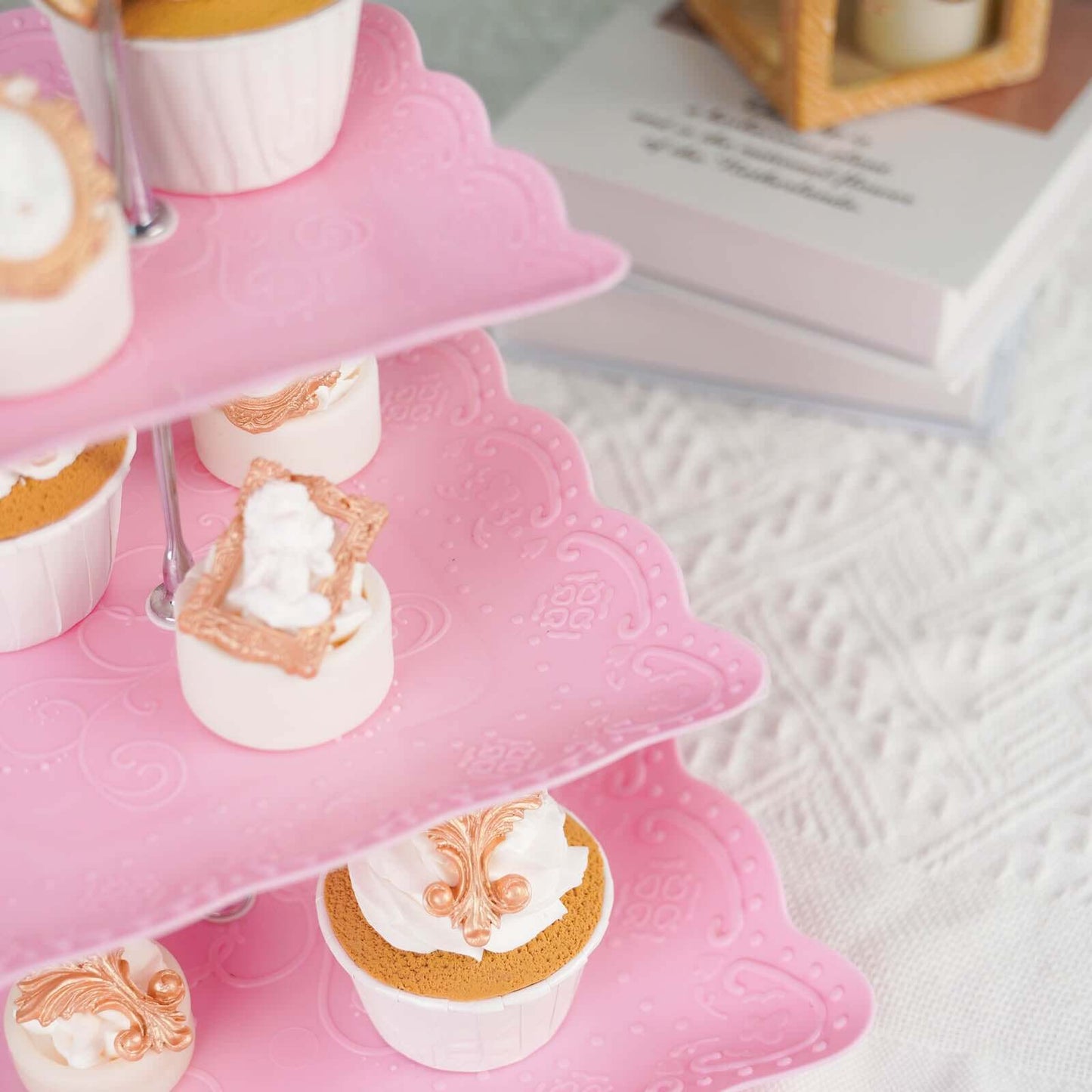 3-Tier Plastic Square Cupcake Stand Tower Pink - Charming Easy to Assemble Dessert Display Serving Tray Platter with Floral Embossed Scalloped Rim & Silver Handle for Tea Parties Weddings & Special Occasions 13"