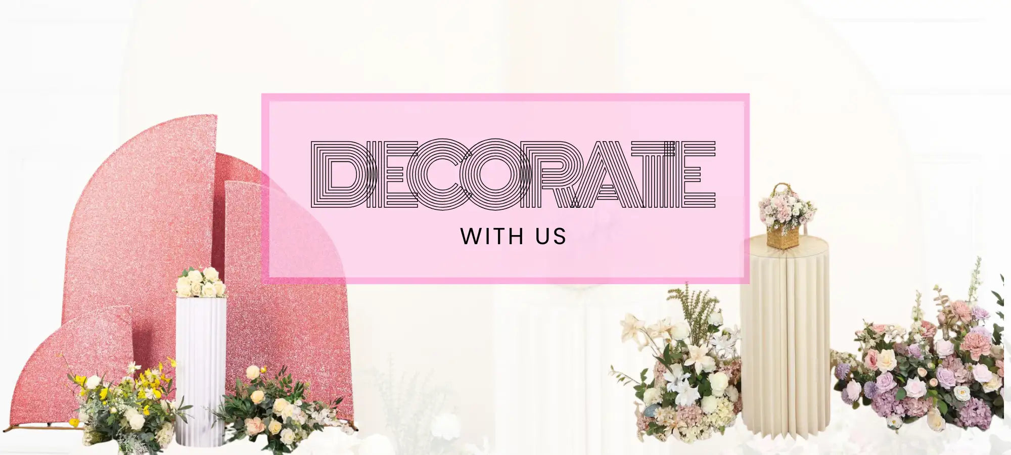 Pink sequined backdrop with ’decorate with us’ text in silver glitter.