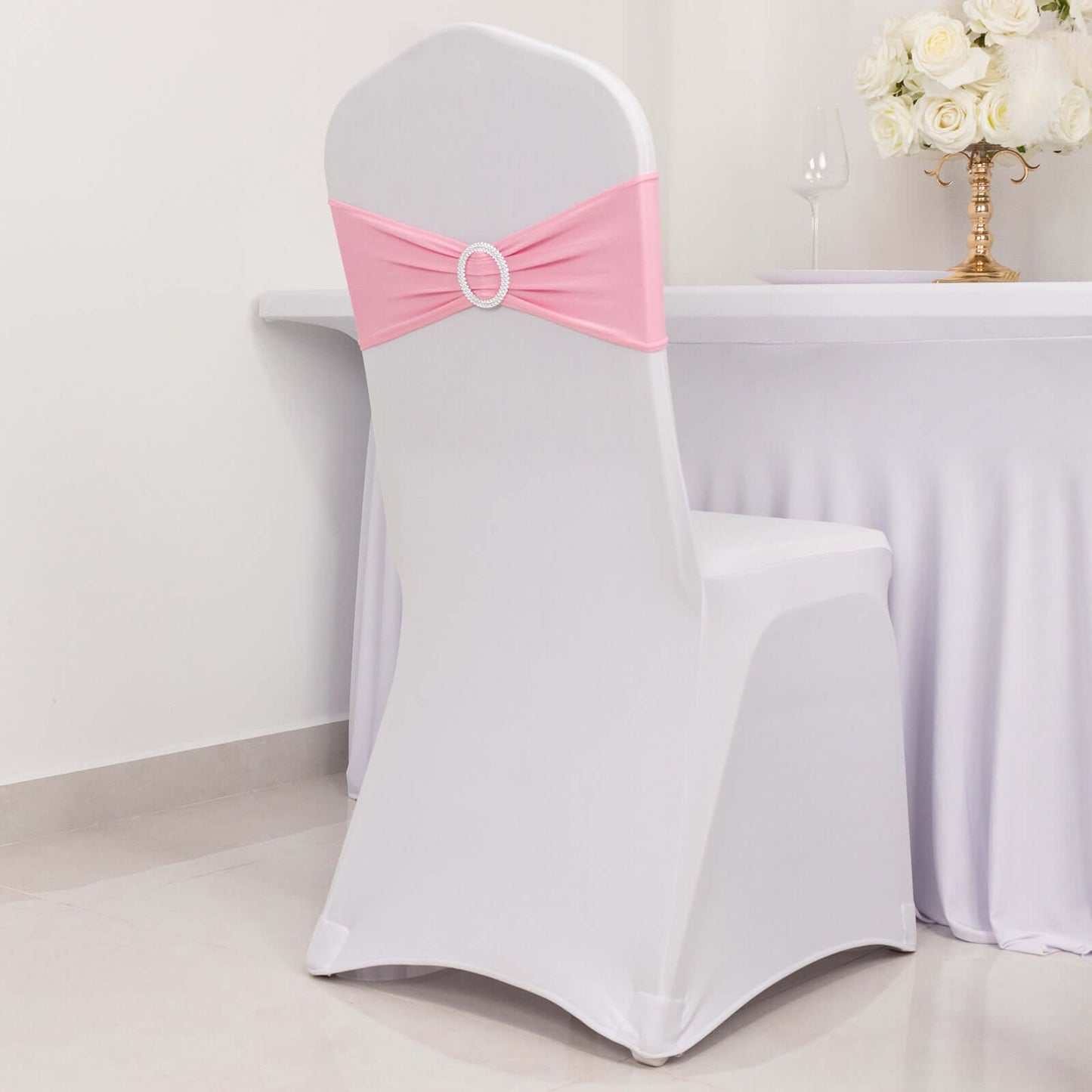 5 Pack Stretch Spandex Chair Sashes Pink - Reusable Chair Bands with Silver Diamond Ring Slide Buckle 5"x14"