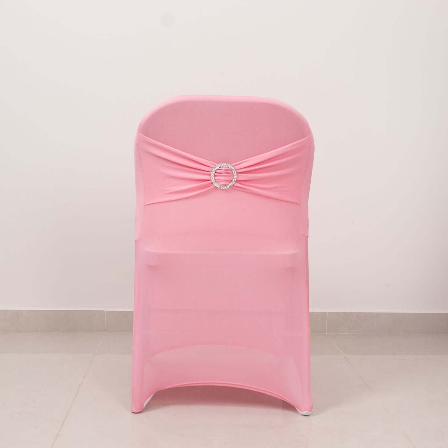 Stretch Spandex Chair Cover Pink for Folding Chairs - Secure Fit Slipcover with Silver Rhinestone Buckled Sash Band