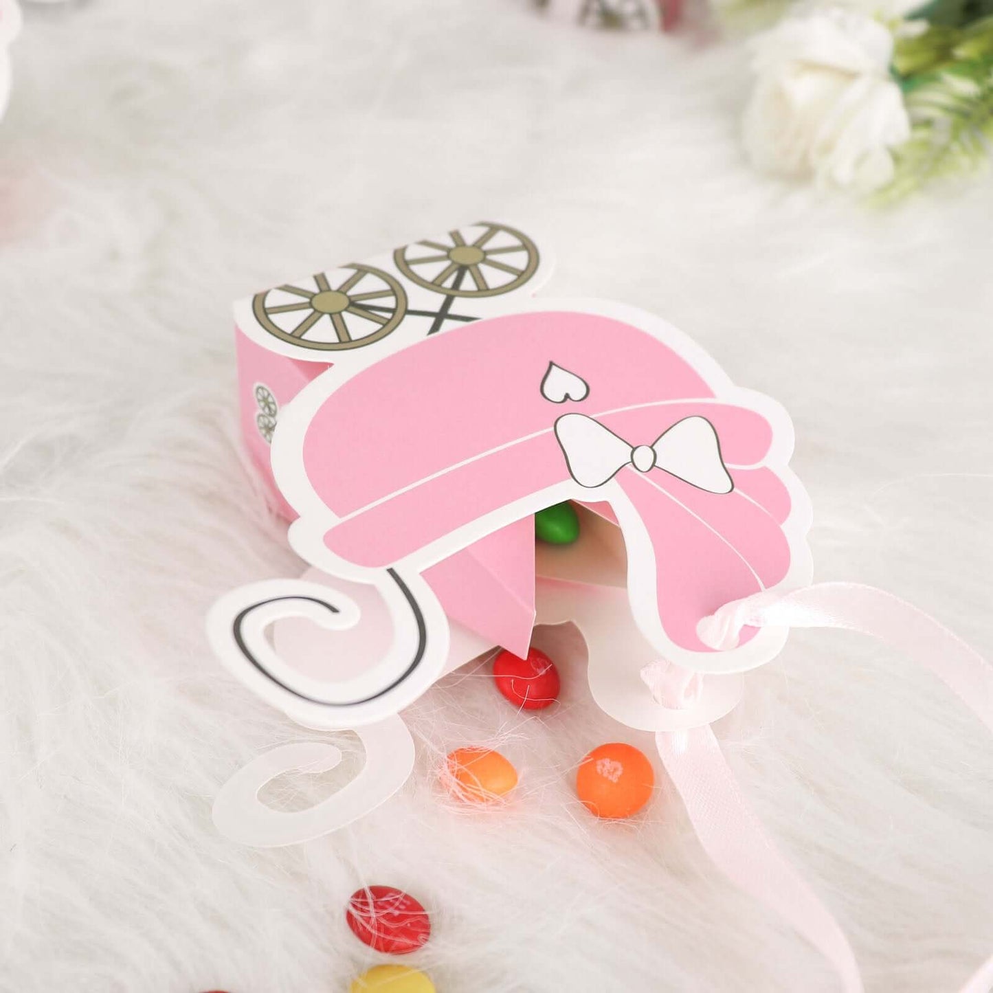 25 Pack Pink Baby Paper Stroller Party Favor Gift Boxes, Cardstock Carriage Candy Boxes with Ribbon Ties - 4.5"x2"x4"