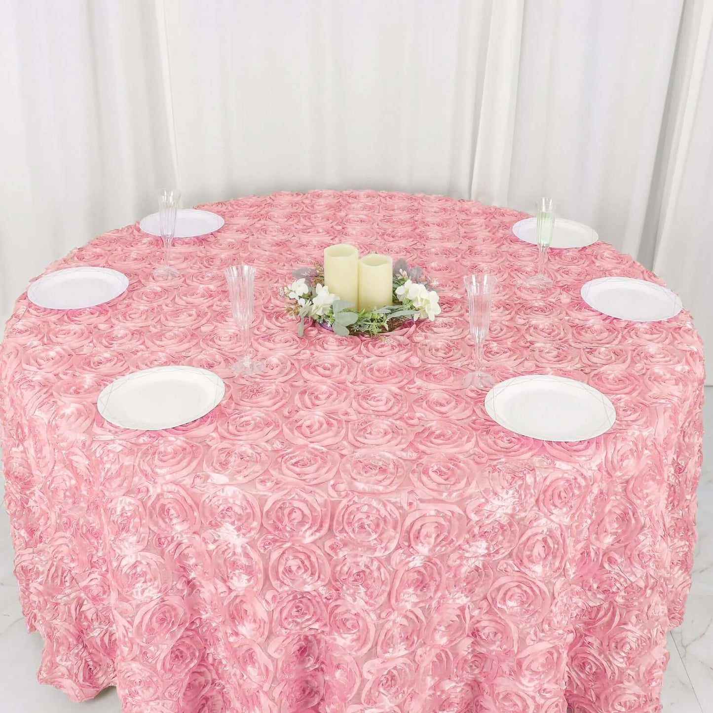 Satin 120" Round Tablecloth Pink - Grandiose 3D Rosette with Seamless Finish Table Cover