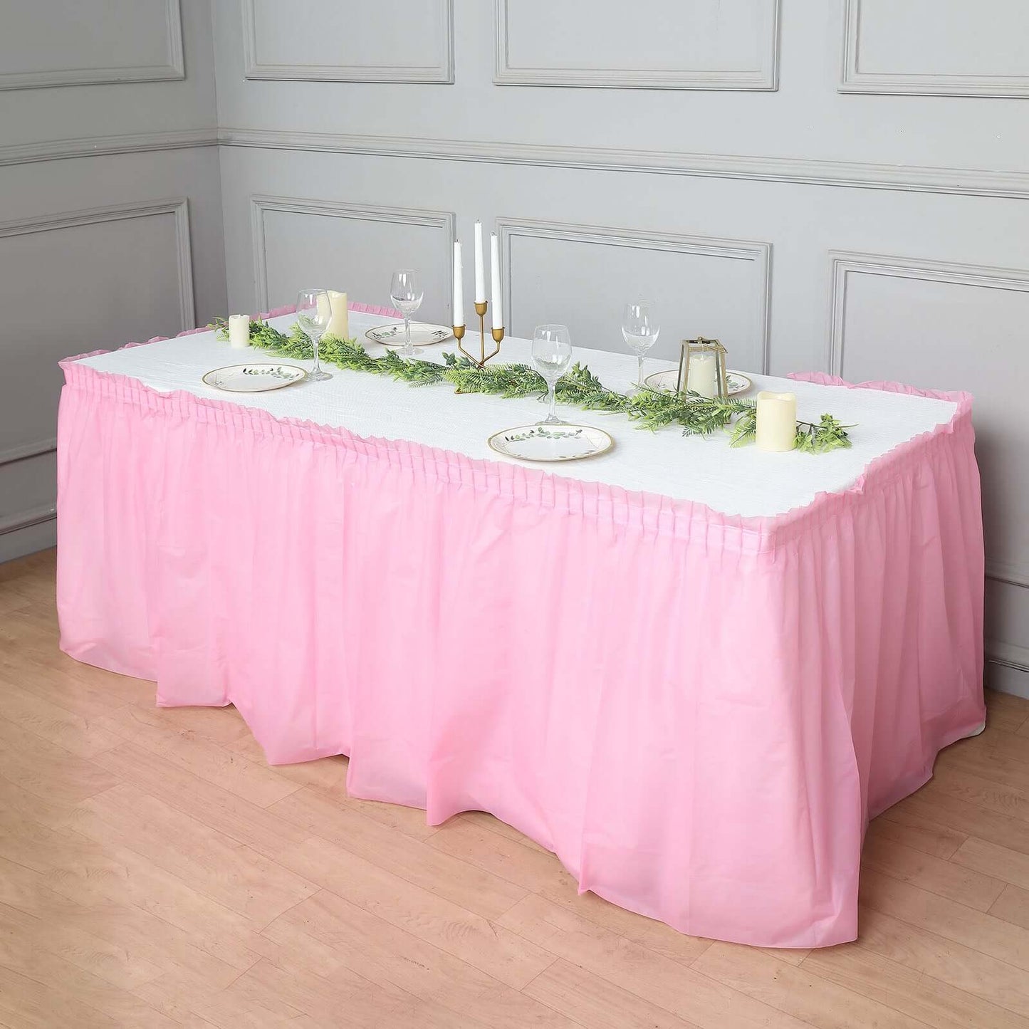 Plastic Table Skirt Pink Ruffled - Durable Disposable Skirt for Events 14ft