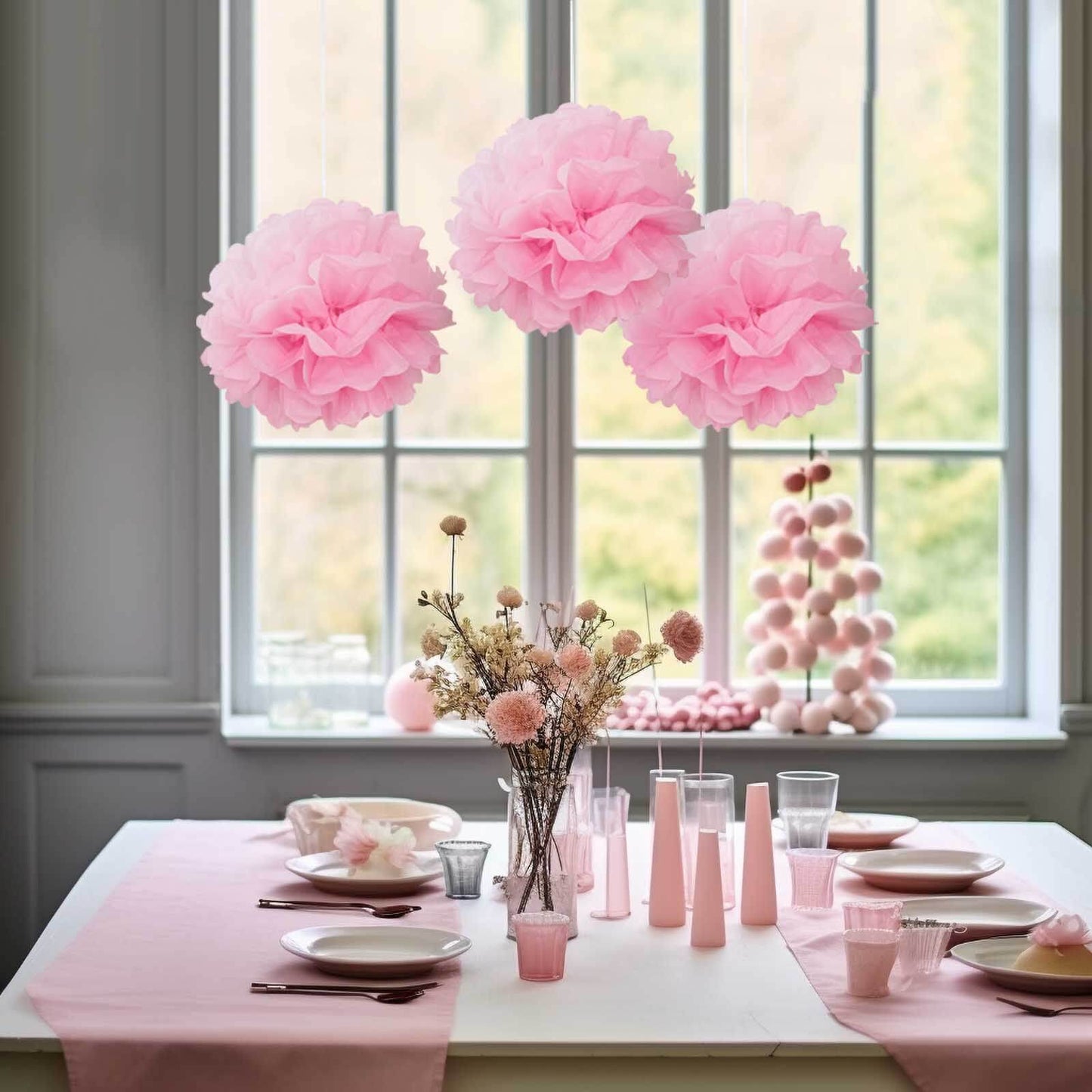 6 Pack 10" Pink Tissue Paper Pom Poms Flower Balls, Ceiling Wall Hanging Decorations