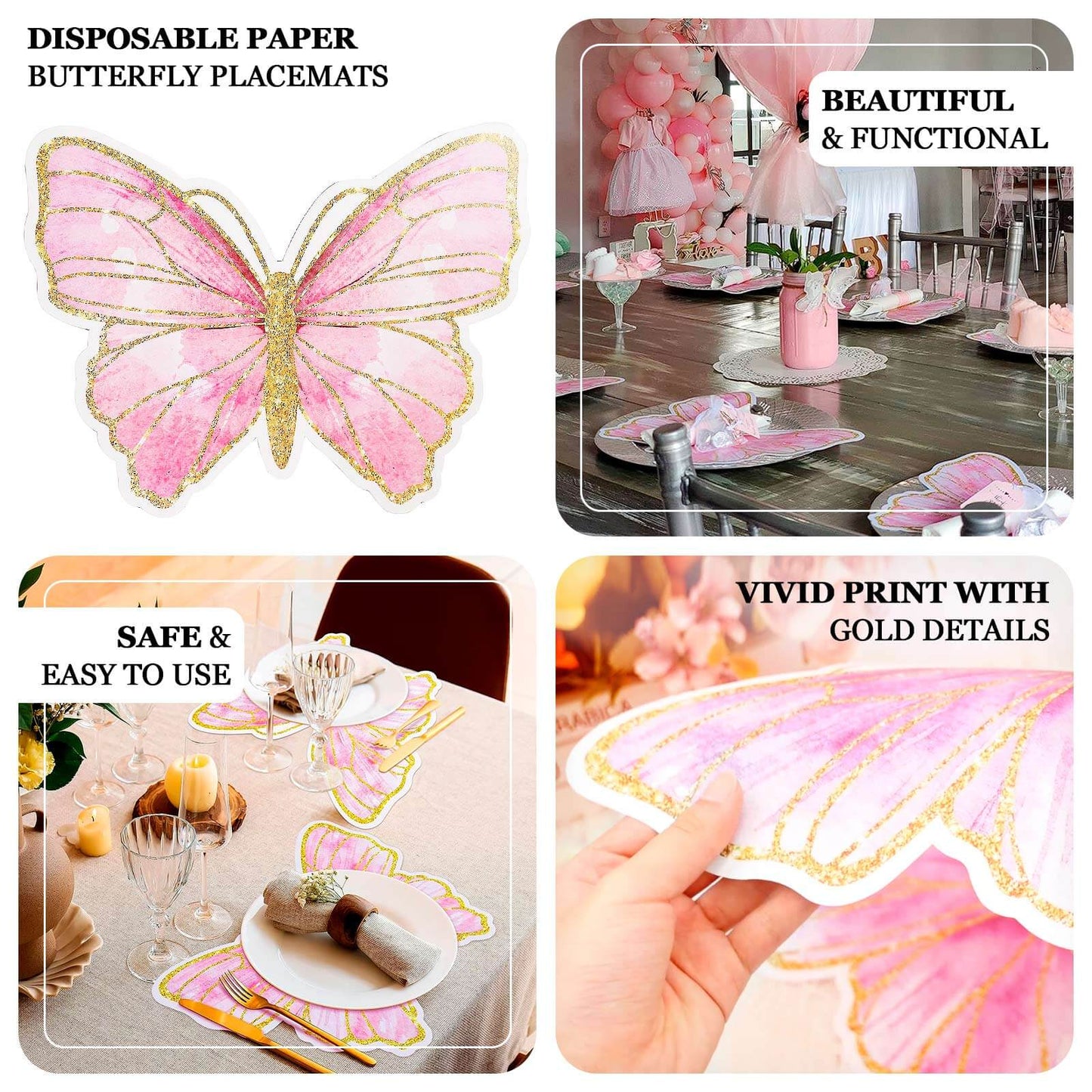 10-Pack Disposable Table Placemats with White Butterfly Design & Gold Glitters - 400GSM Cardboard Placemats for Kids' Parties, Baby Showers & Celebrations 14"