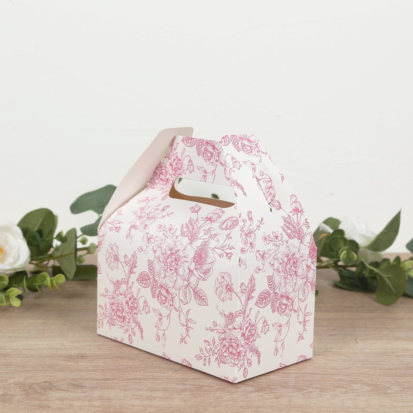 25 Pack Candy Treat Tote Boxes in French Toile Pattern - Matte Pink and White Party Favor Gable Boxes, Cardstock Paper - 6"x3.5"x7"
