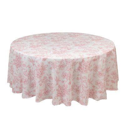 Polyester 108" Round Tablecloth White - Pink French Toile Pattern for Chic Weddings
