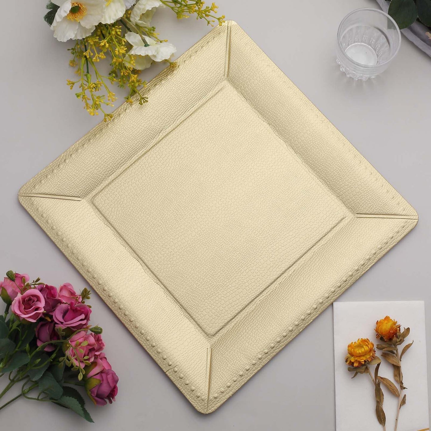 10-Pack Disposable Square Charger Plates in Champagne with Leather Like Texture - 1100GSM Durable Paper Chargers 13"