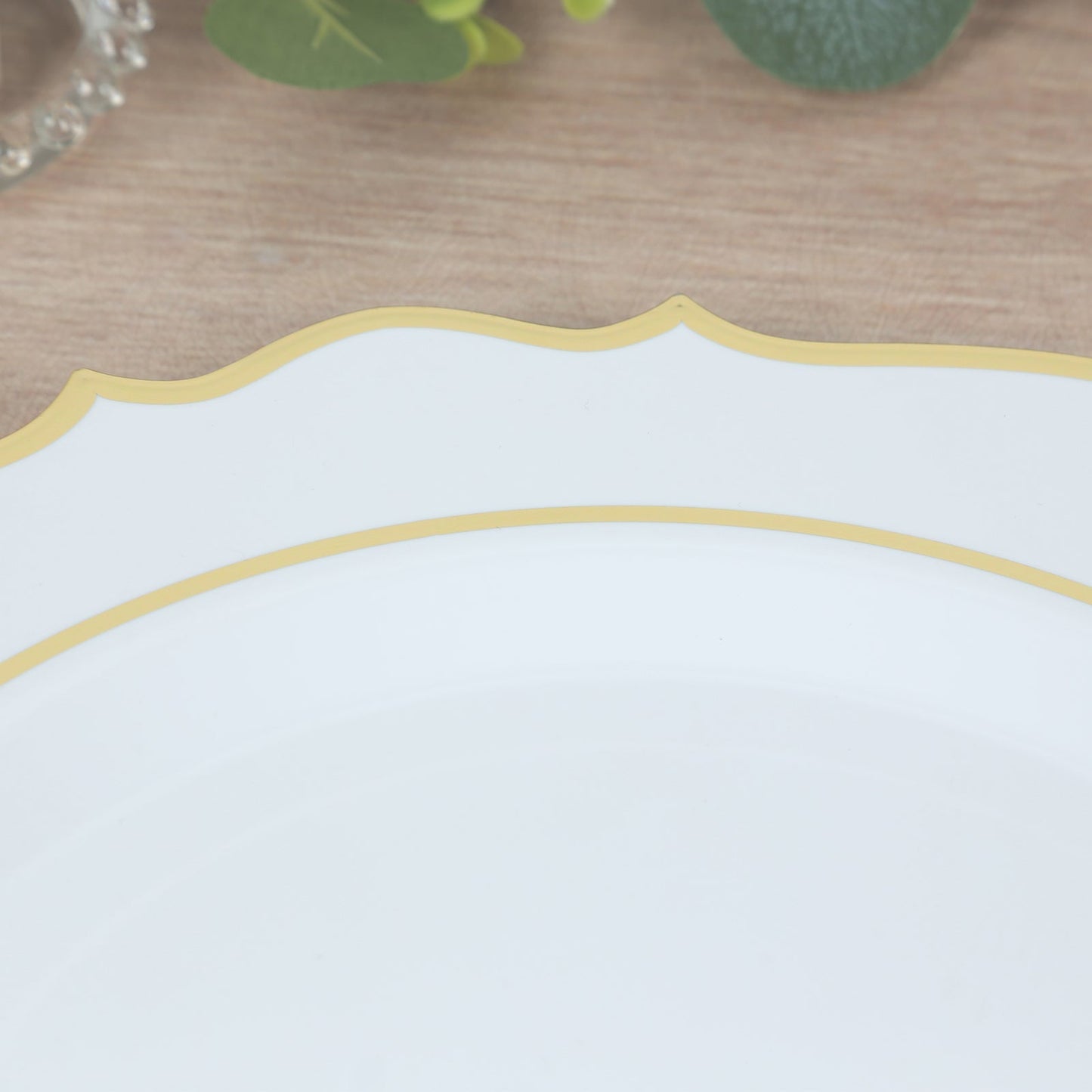 10-Pack Economy Plastic Round Charger Plates 13" in White with Gold Scalloped Rim, Decorative Dinner Party Serving Plates