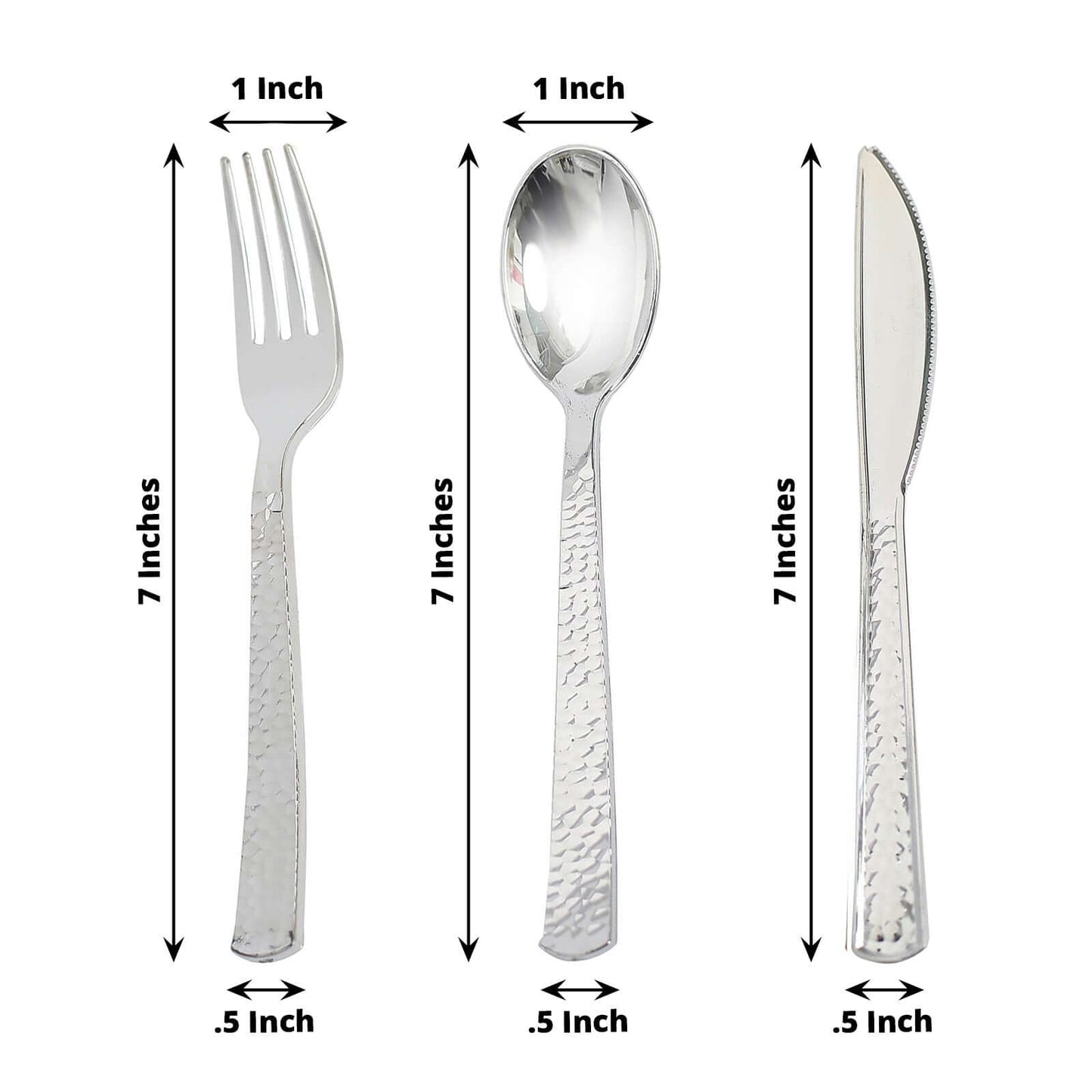 24-Pack Plastic Silverware Set with Hammered Design Silver - Heavy Duty Disposable Utensils 7"