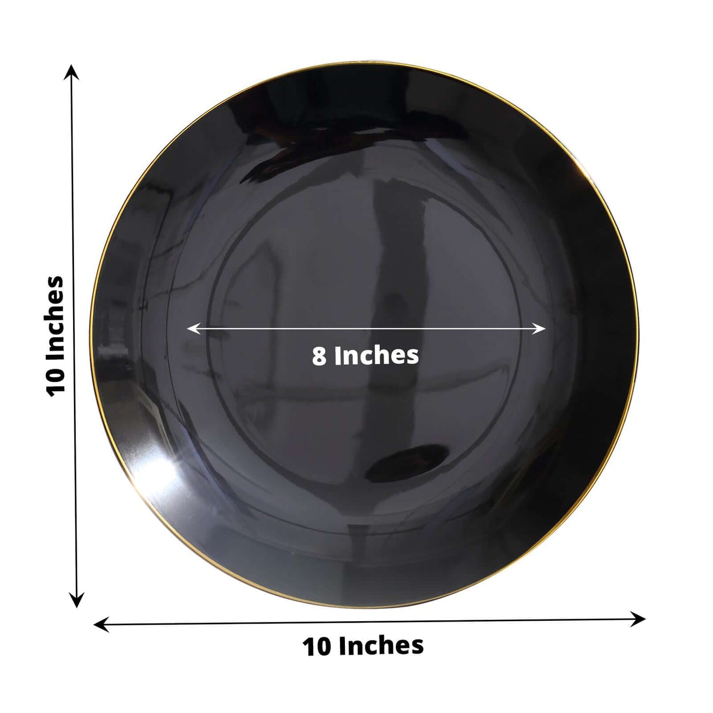 10-Pack Plastic 10" Round Dinner Plates in Black with Gold Rim - Glossy Disposable Party Plates