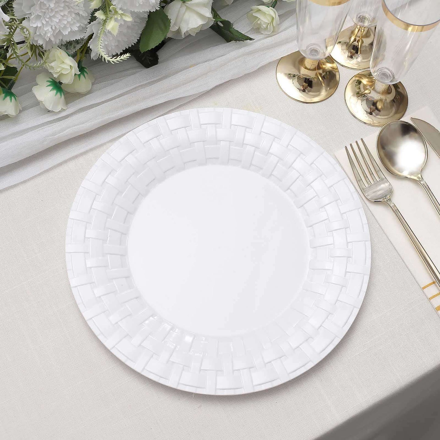 10-Pack Plastic Dinner Plates White Basketweave Rim - Durable Disposable Dinner Plates 10"