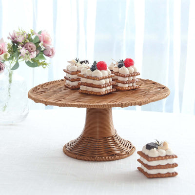 Plastic Round Rattan Wicker Pedestal Cake Stand Natural for Home Parties & Events 12’’ - Cake Stands