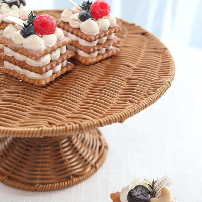 Plastic Round Rattan Wicker Pedestal Cake Stand Natural for Home Parties & Events 12’’ - Cake Stands