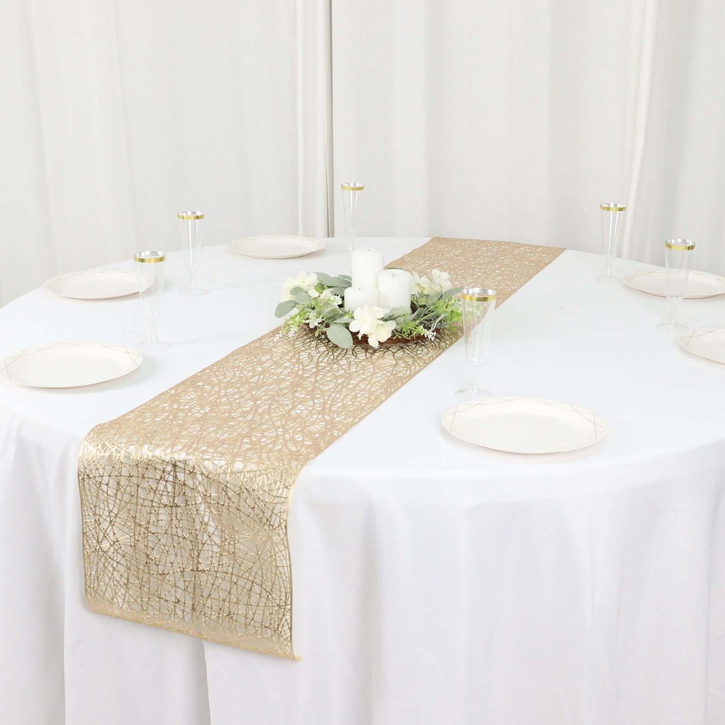 Plastic Woven Vinyl 13"x6ft Table Runner Metallic Gold - Non-Slip & Reversible Tabletop Decor