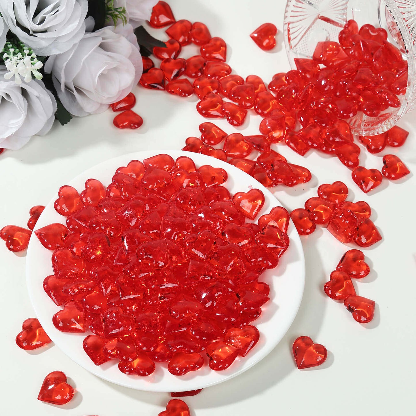 250 Pcs Acrylic Heart Diamond Gems Red Vase Fillers - Romantic Translucent Table Scatters for Valentineâ€™s Day & Events