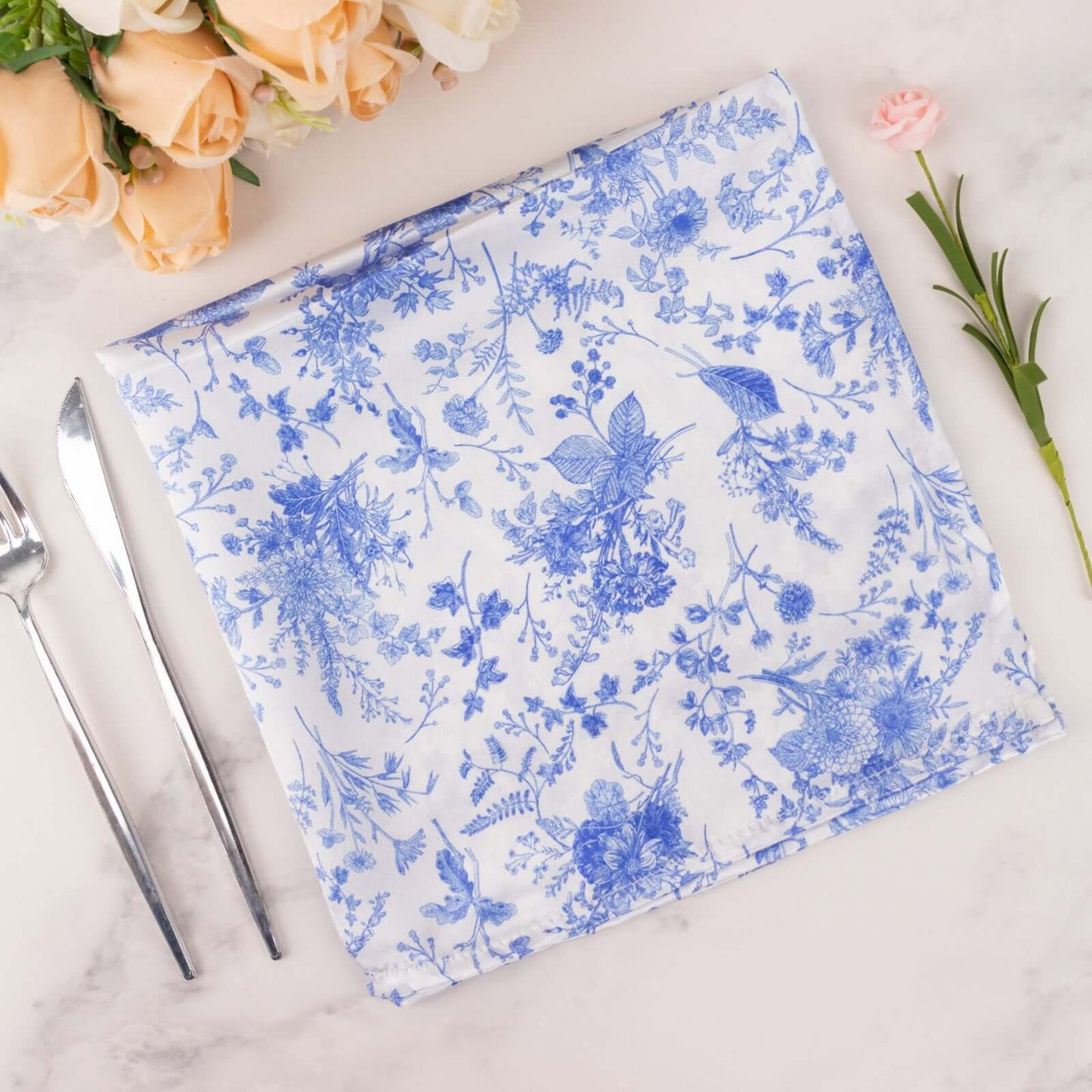 5 Pack Satin 20"x20" Napkins White/Blue French Toile Pattern - Classy & Easy to Maintain Cloth Napkins for Weddings & Events