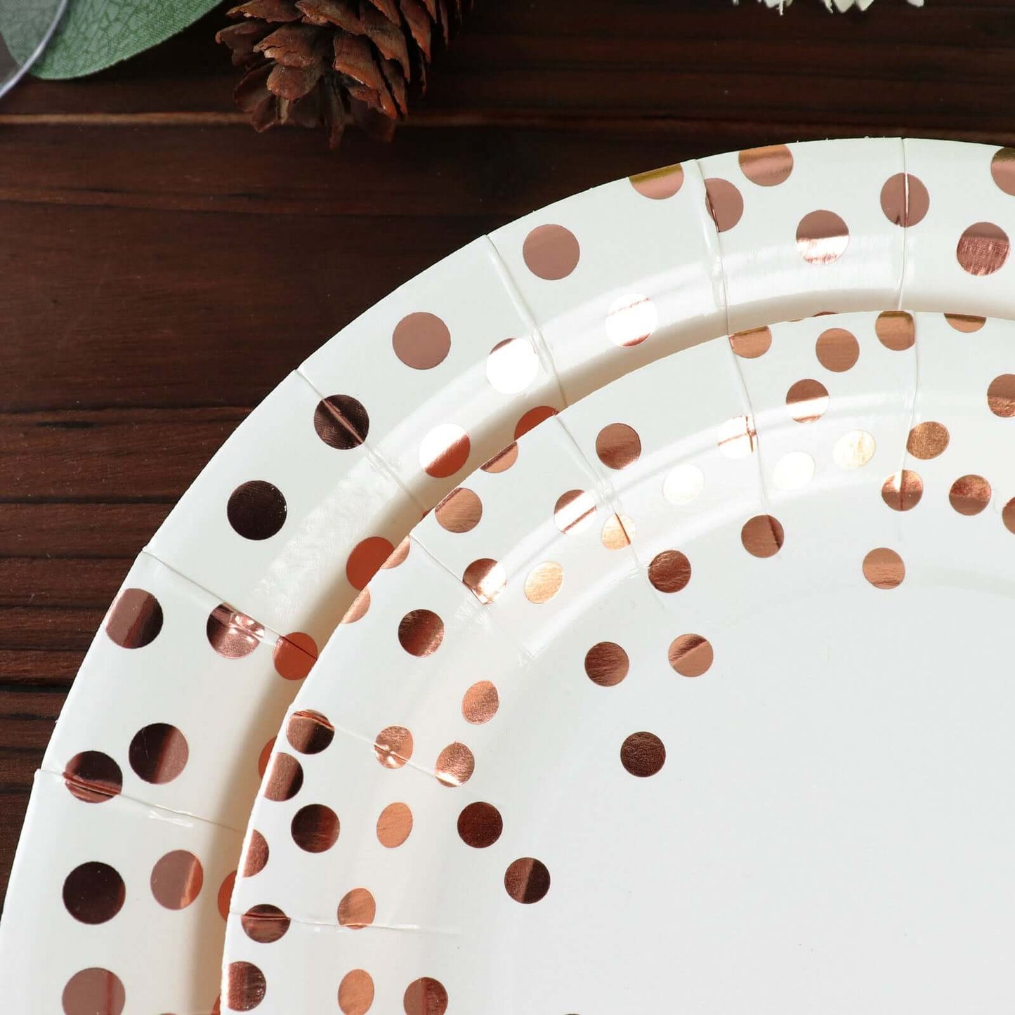 25-Pack Paper Round Dinner Plates 9" White with Metallic Rose Gold Polka Dots - Disposable 300GSM Party Plates for Banquets & Celebrations