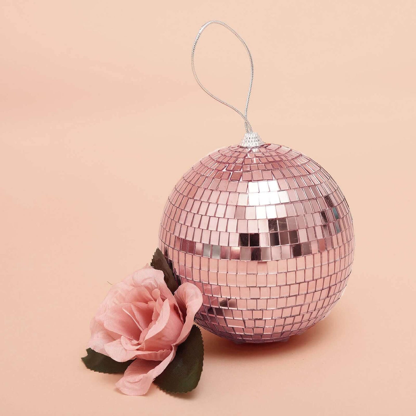 4 Pack 6" Rose Gold Foam Disco Mirror Ball With Hanging Strings, Holiday Christmas Ornaments