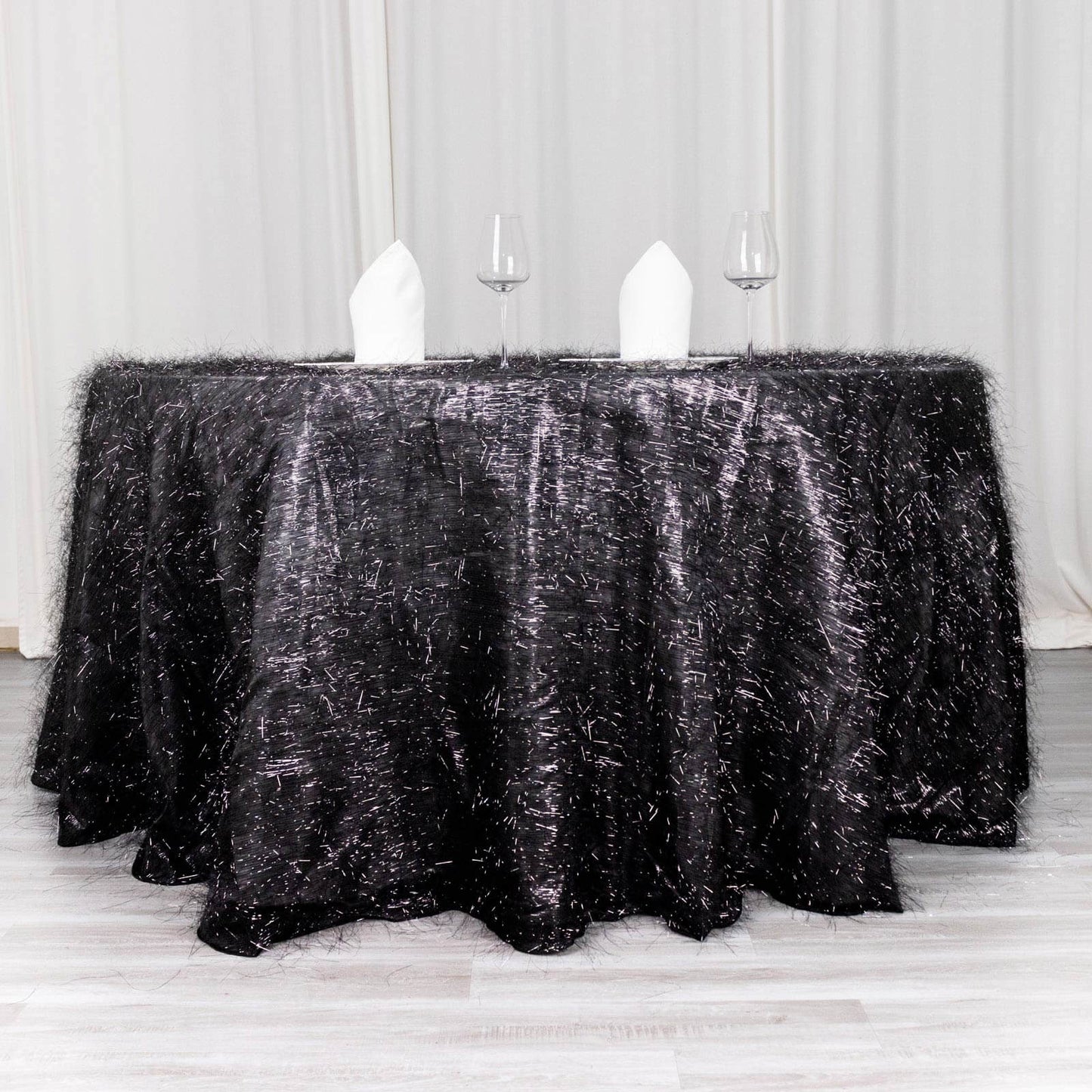 Polyester 120" Round Black Tablecloth Metallic Fringe Shag Tinsel Table Cover
