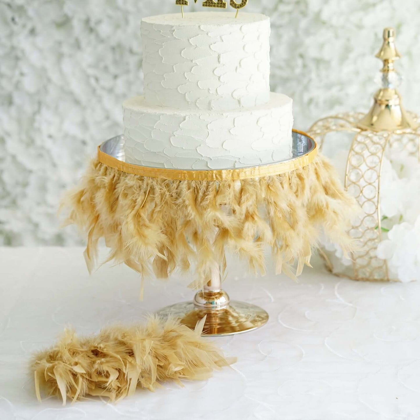 39" Gold Real Turkey Feather Fringe Trim With Satin Ribbon Tape