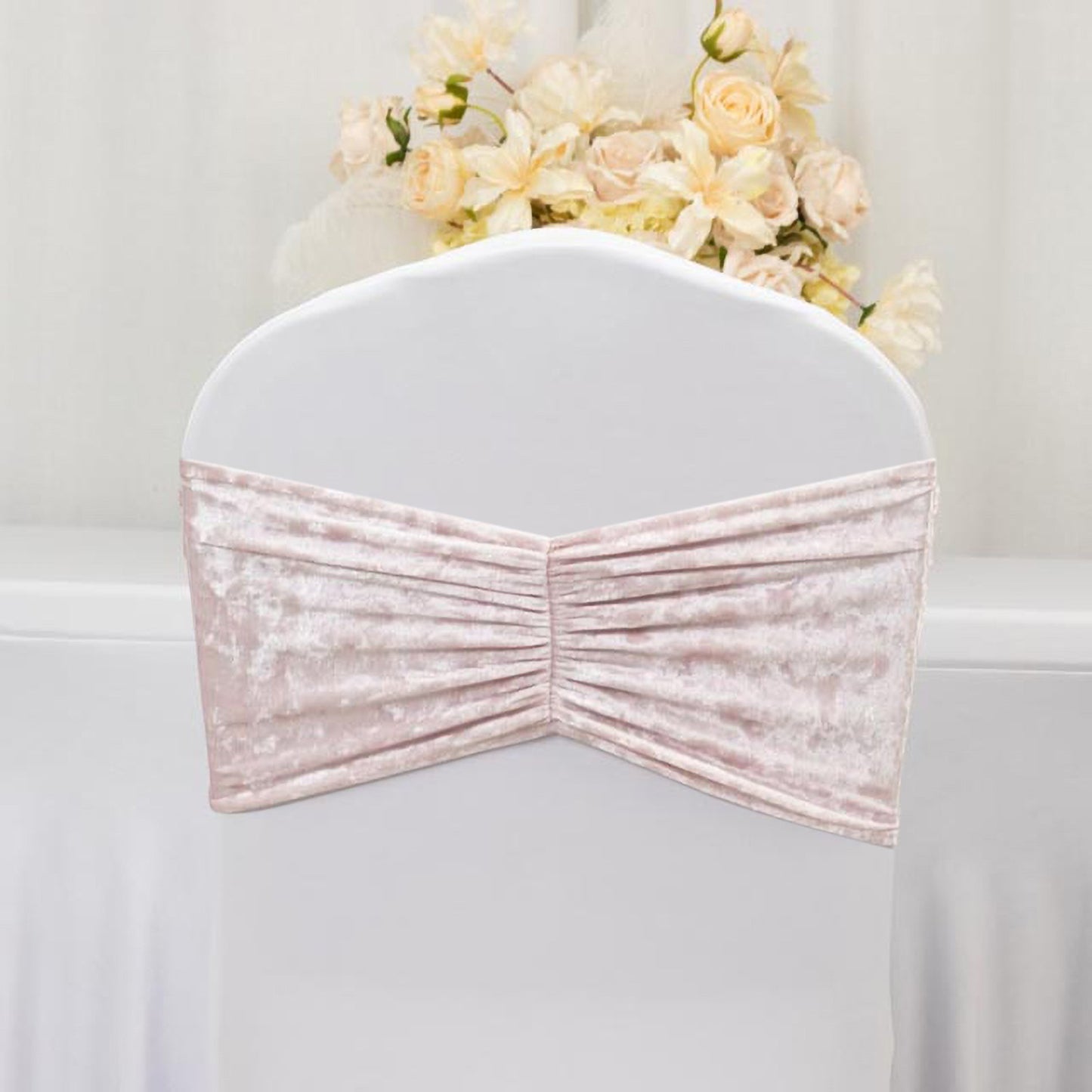 5 Pack Crushed Velvet Chair Bands Blush Wide Ruffle Style - Textured Chair Sashes for Stunning Event Decor - 8"x15"