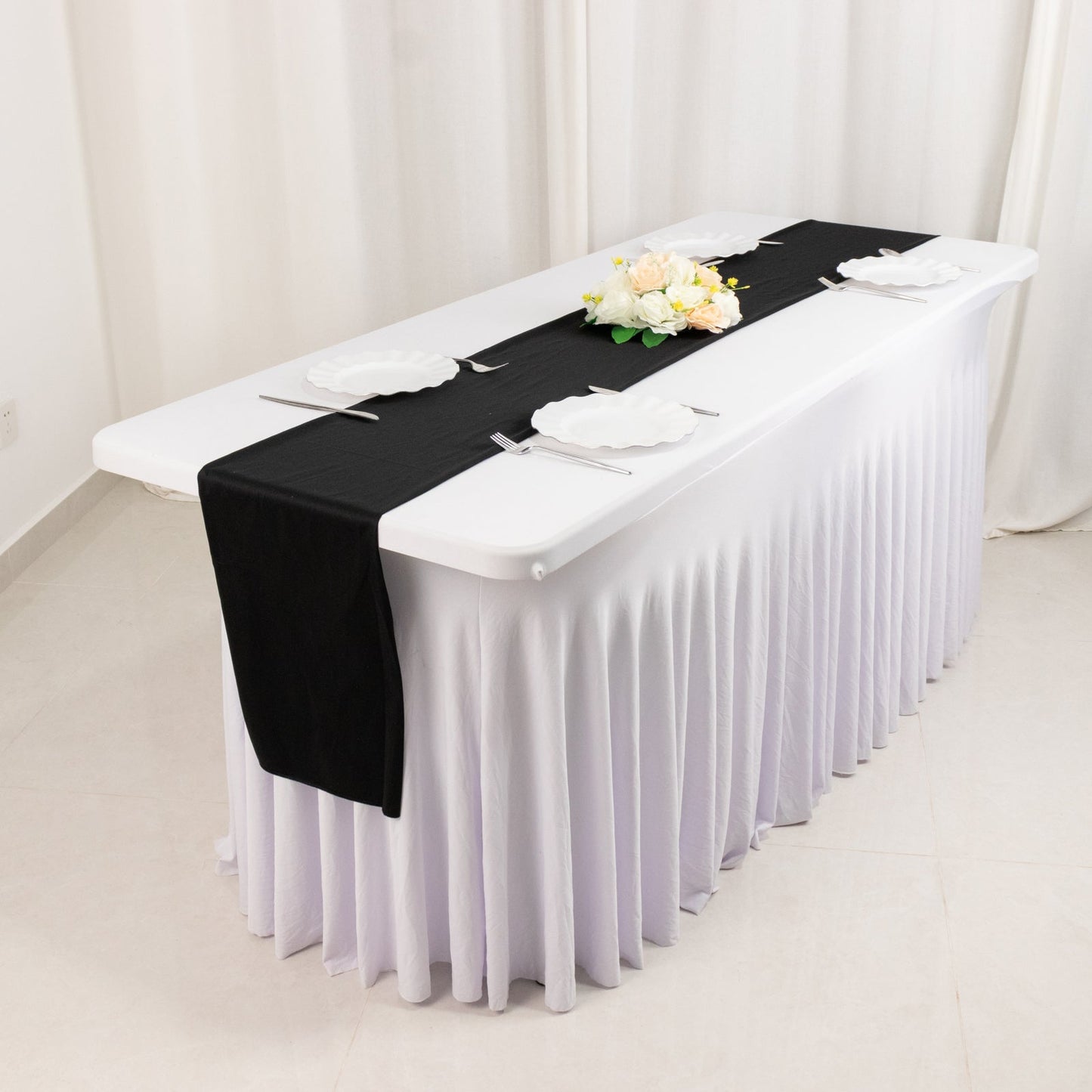 Scuba Polyester 12"x108" Table Runner Black - Wrinkle-Free Table Linen for Events & Weddings