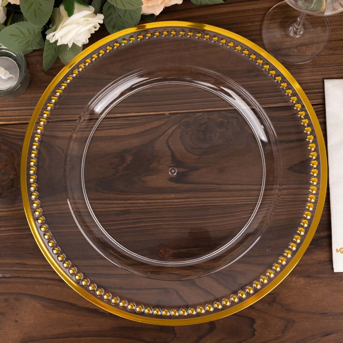 6-Pack Acrylic Round Charger Plates 13" in Clear with Gold Beaded Rim, Dinner Charger Event Tabletop Decor
