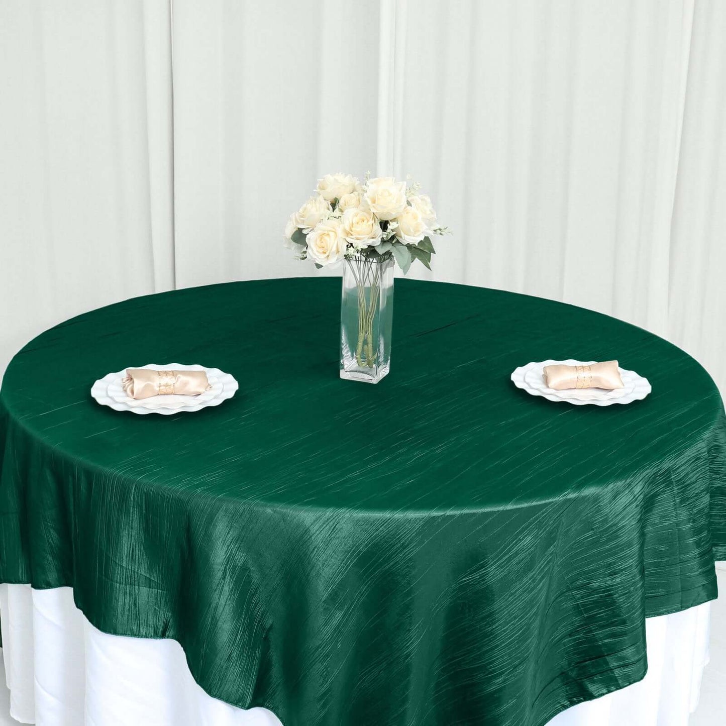 Taffeta 90"x90" Table Overlay Square Tablecloth Hunter Emerald Green - Accordion Crinkle Table Cover