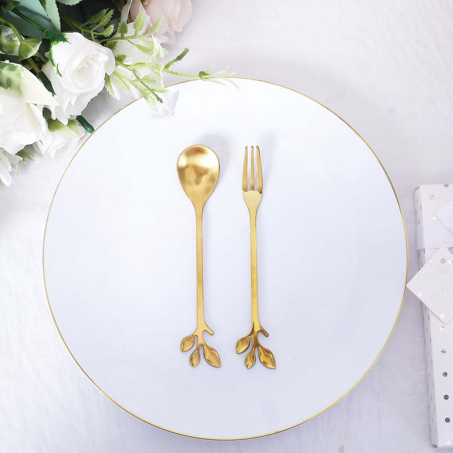 Gold Metal Spoon & Fork Pre-Packed Wedding Party Favors Set With Leaf Shaped Handle, Bridal Shower Souvenir Gift Box - 5"