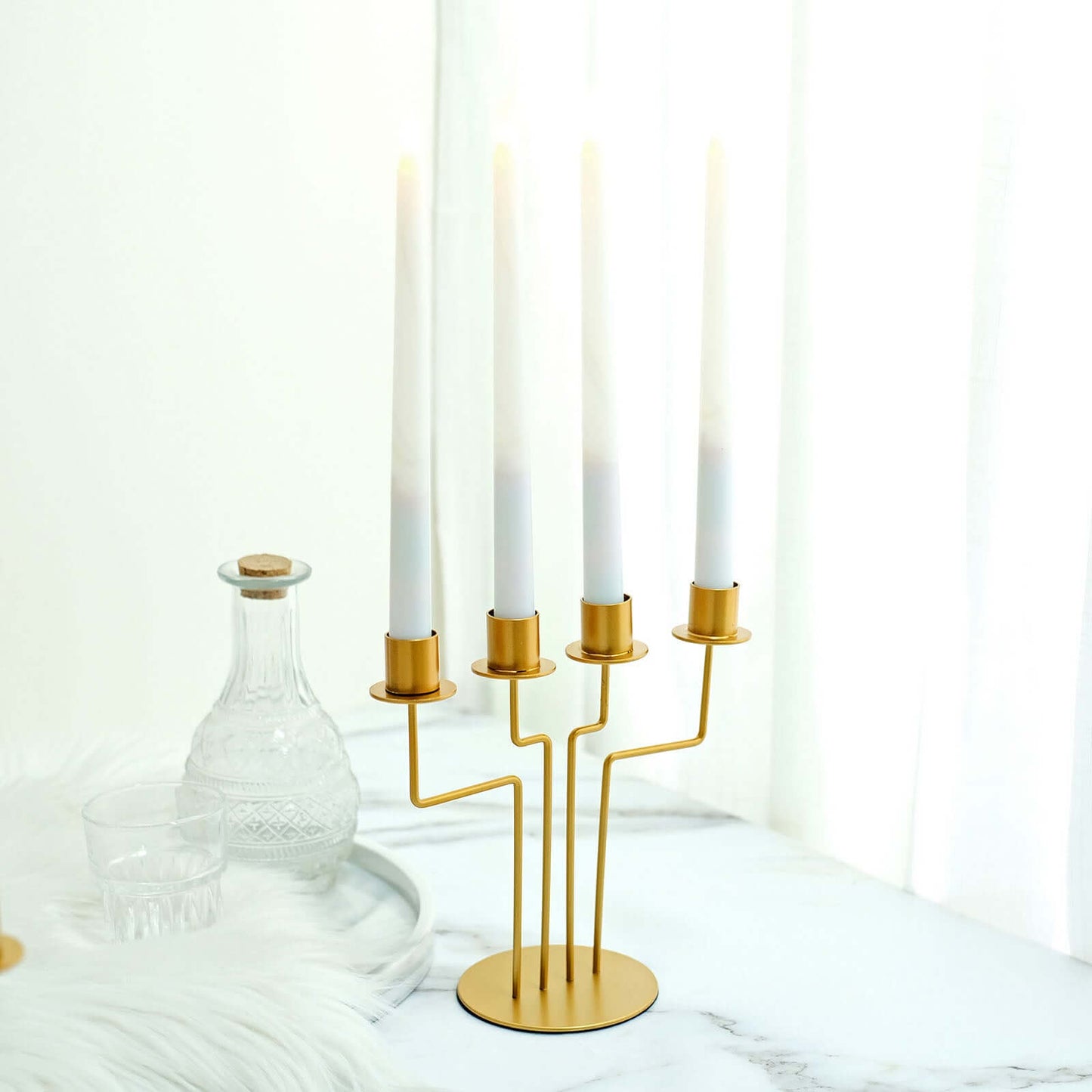 2-Pack Geometric Taper Candelabra 4 Arm Design Gold Metal Decorative Centerpiece - Perfect for Events 8"