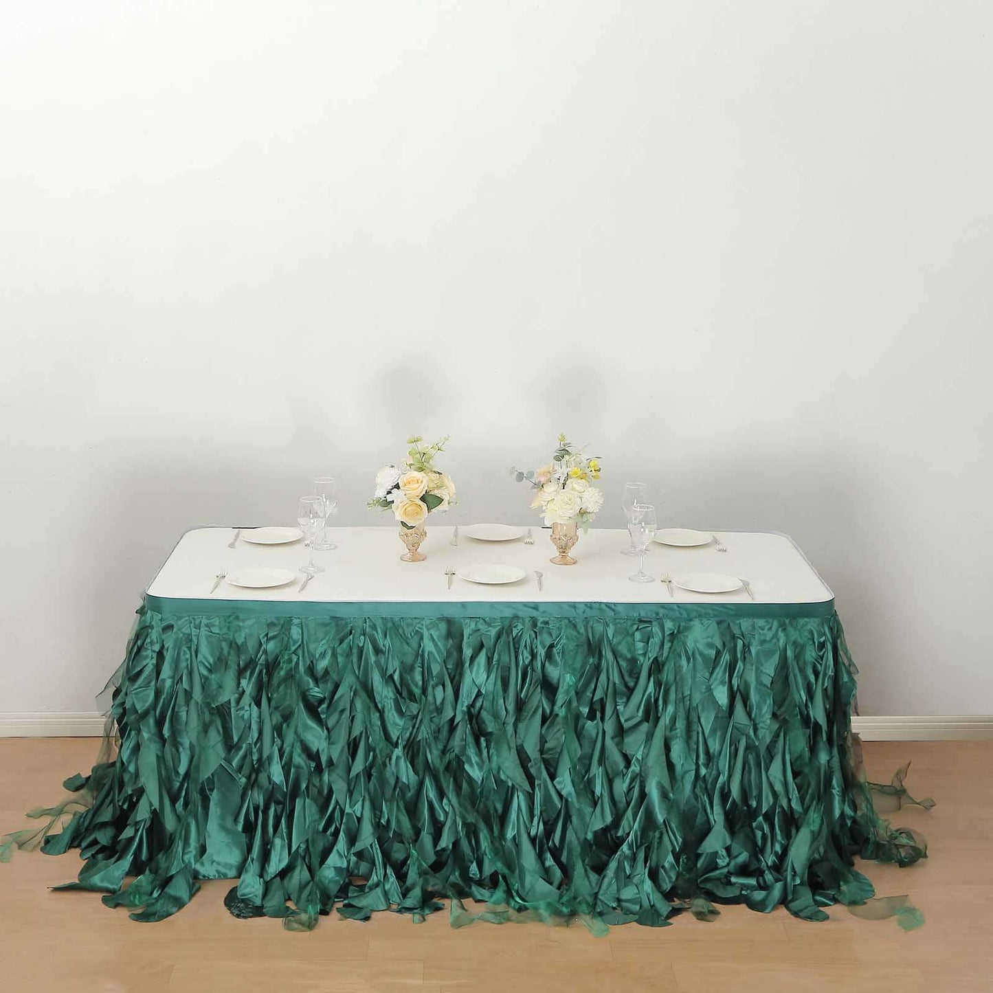 Taffeta 14ft Table Skirt Hunter Emerald Green - Cascading Curly Willow Style Table Cover