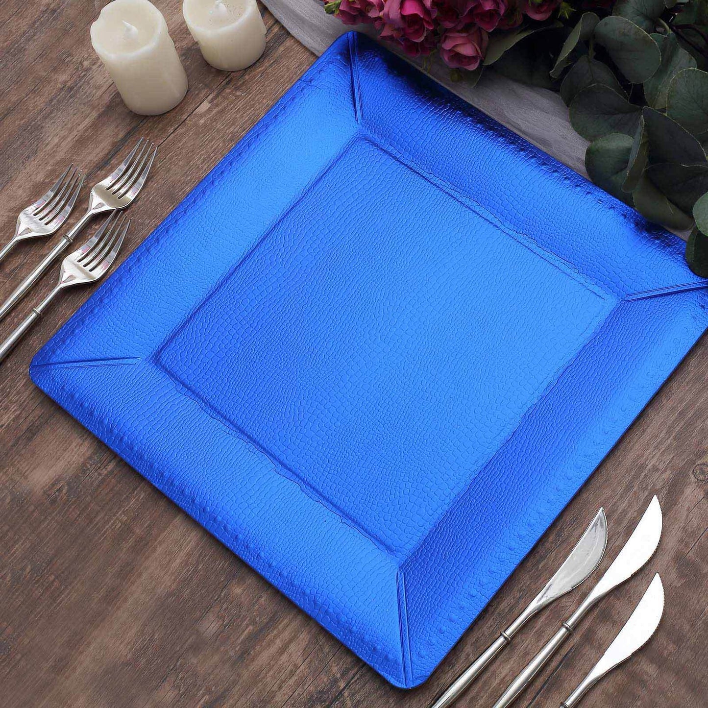 10-Pack Disposable Square Charger Plates in Royal Blue with Leather Like Texture - 1100GSM Durable Paper Chargers 13"