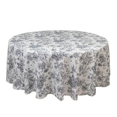 Polyester 108’’ Round Tablecloth White - Black French Toile Pattern for Chic Weddings - Tablecloths