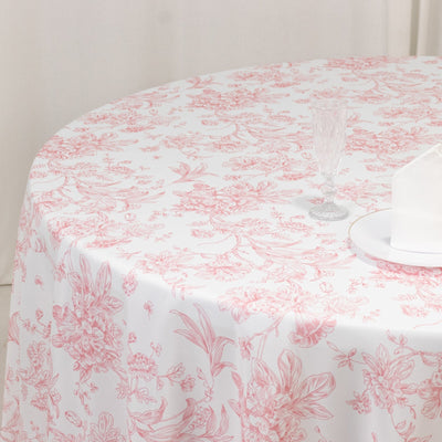 Polyester 108’’ Round Tablecloth White - Pink French Toile Pattern for Chic Weddings - Tablecloths