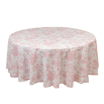 Polyester 108’’ Round Tablecloth White - Pink French Toile Pattern for Chic Weddings - Tablecloths