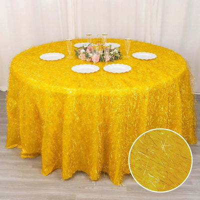 Polyester 120’’ Round Gold Tablecloth Metallic Fringe Shag Tinsel Design Table Cover for Weddings & Events - Tablecloths