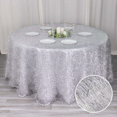 Polyester 120’’ Round Silver Tablecloth Metallic Fringe Shag Tinsel Table Cover - Tablecloths