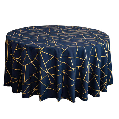 Polyester 120" Round Tablecloth Navy Blue with Gold Foil Geometric Pattern Wrinkle-Resistant Seamless Table Cover