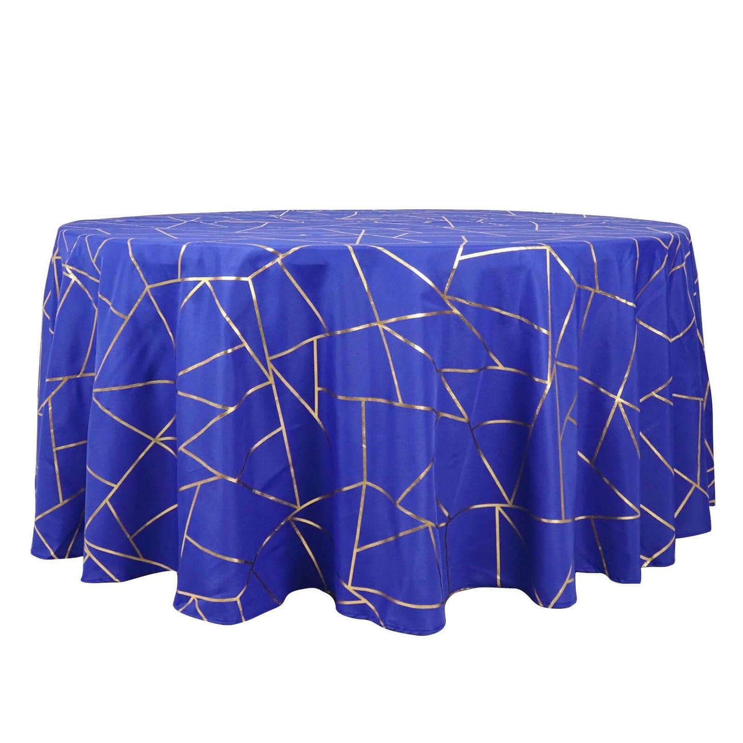 Polyester 120" Round Tablecloth Royal Blue with Gold Foil Geometric Pattern Wrinkle-Resistant Seamless Table Cover
