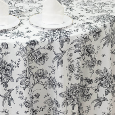 Polyester 120’’ Round Tablecloth White - Black French Toile Pattern for Chic Weddings - Tablecloths