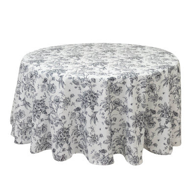 Polyester 120’’ Round Tablecloth White - Black French Toile Pattern for Chic Weddings - Tablecloths
