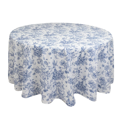 Polyester 120’’ Round Tablecloth White - Blue French Toile Pattern for Chic Weddings - Tablecloths