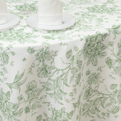 Polyester 120’’ Round Tablecloth White - Dusty Sage Green French Toile Pattern for Chic Weddings - Tablecloths