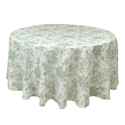 Polyester 120’’ Round Tablecloth White - Dusty Sage Green French Toile Pattern for Chic Weddings - Tablecloths