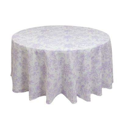 Polyester 120’’ Round Tablecloth White - Lavender Lilac French Toile Pattern for Chic Weddings - Tablecloths