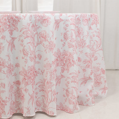 Polyester 120’’ Round Tablecloth White - Pink French Toile Pattern for Stylish Events - Tablecloths