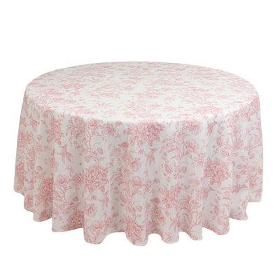 Polyester 120’’ Round Tablecloth White - Pink French Toile Pattern for Stylish Events - Tablecloths