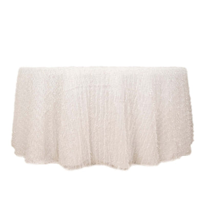 Polyester 120’’ Round Tablecloth White with Shaggy Fringe Design - Exquisite Table Cover - Tablecloths