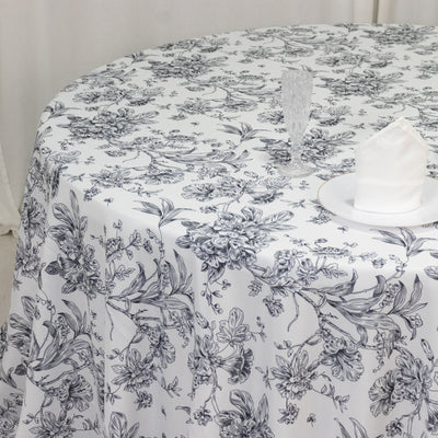 Polyester 132’’ Round Tablecloth White - Black French Toile Pattern for Chic Weddings - Tablecloths